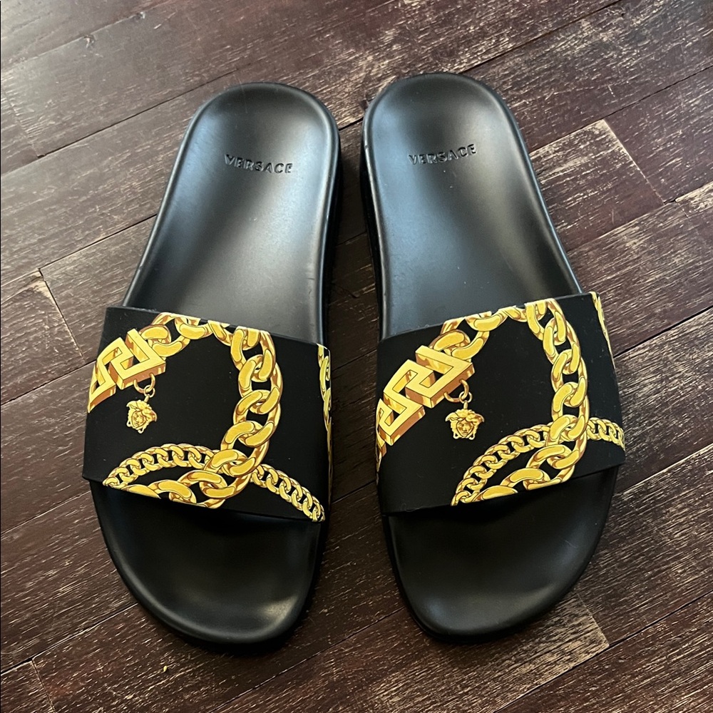 Versace Black Slides with Gold Chain Print
